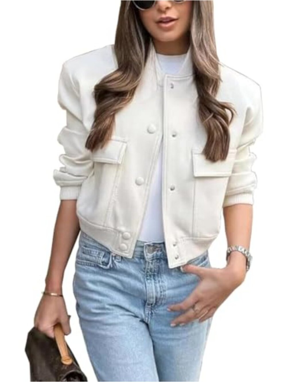 Cropped Bomber Jacket Women Lightweight Button Down Varsity Style Long Sleeve